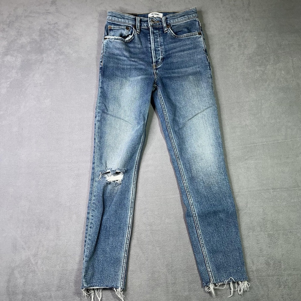 RE/DONE Womens High Rise Ankle Crop Jeans 27 Blue Distressed Raw Hem Denim‎